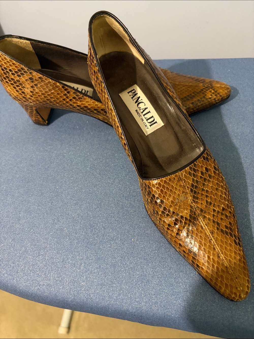 Pancaldi Women's Brown Snake-Print Pointed Toe Pumps